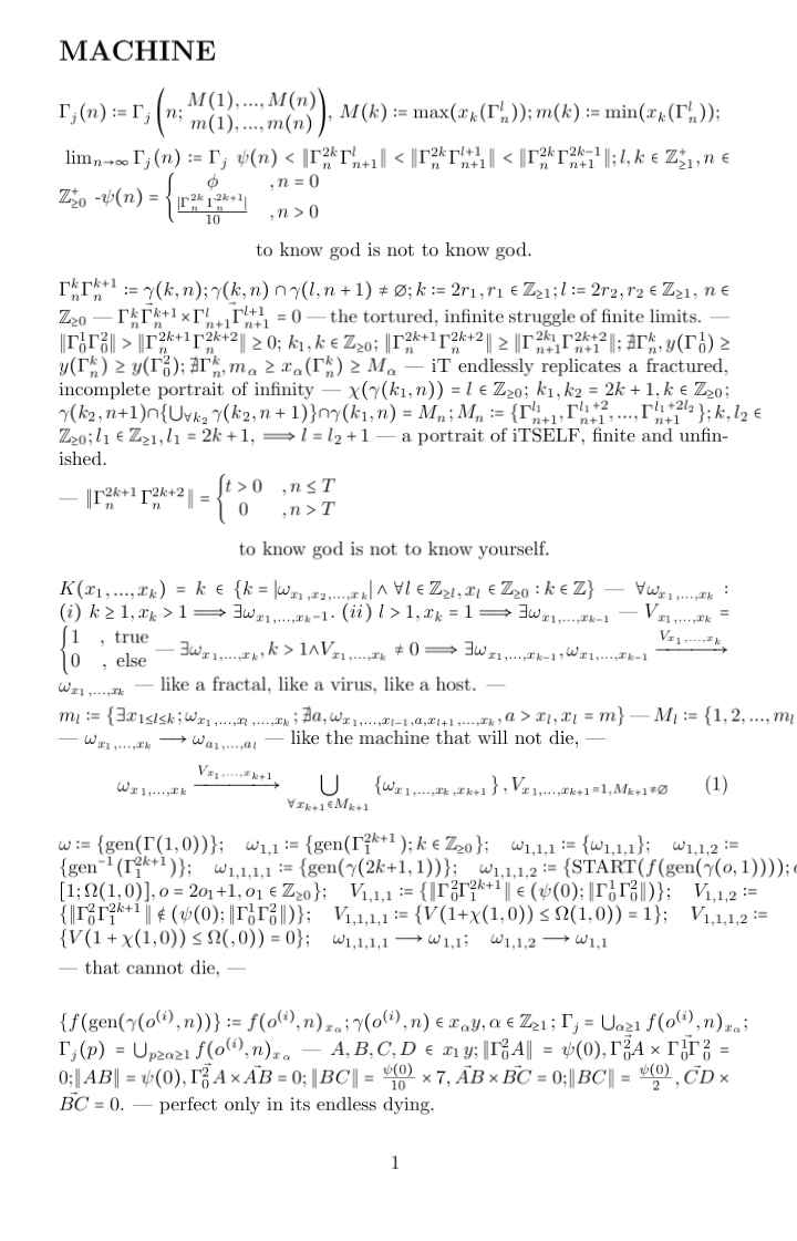 A poem called 'Machine', with lines about death and God interspersed between dense mathematical notation